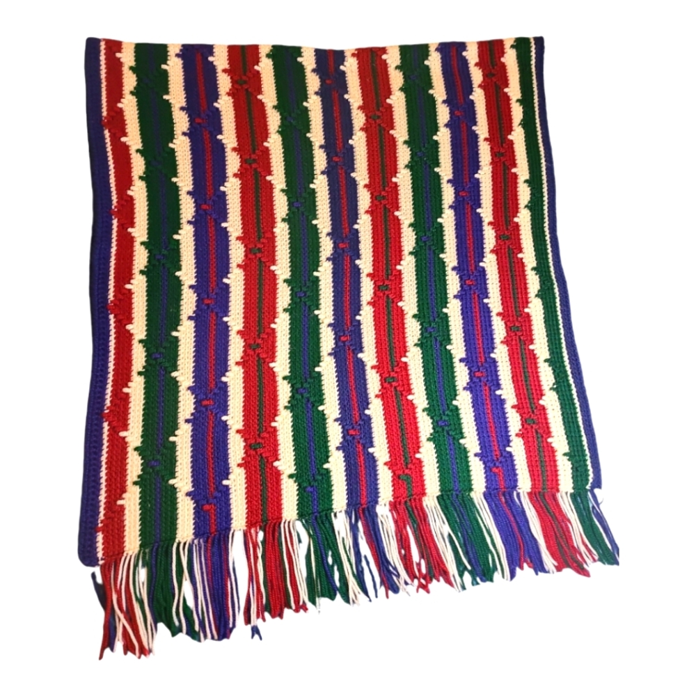 Handmade Afghan  Blue Green Red White Textured Stripes